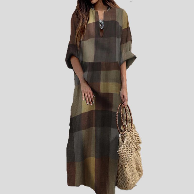 2025 Retro Ethnisches Baumwollleinen Langarmkleid mit Weitem Rock