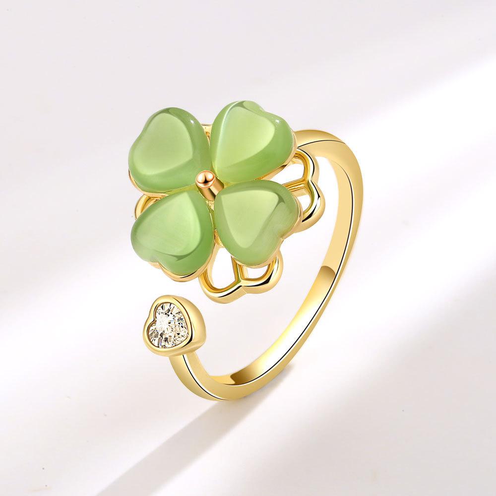 Green Cat Eye Clover Adjustable Ring With Geometric Design For Womens Fashion Accessories