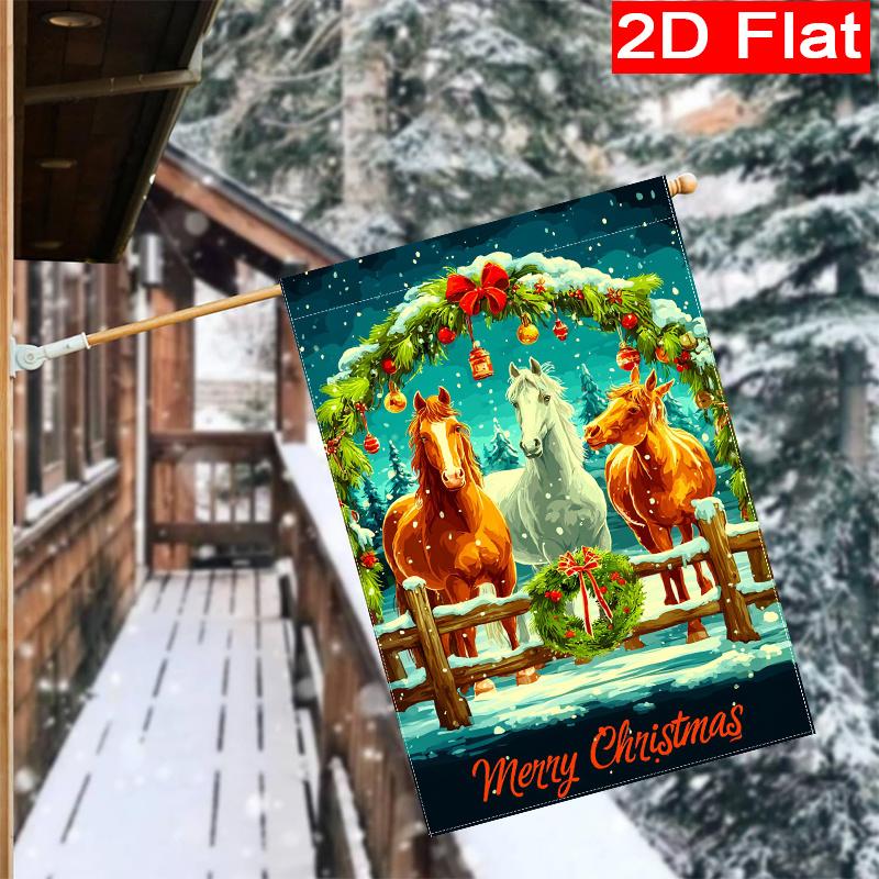 2D Flat, 2D Flat-Christmas And Winter Three Steeds Garden Flag - 2-28 X 40 Inch Outdoor Garden Flag, Double-Sided Home Decoration Courtyard Decoration