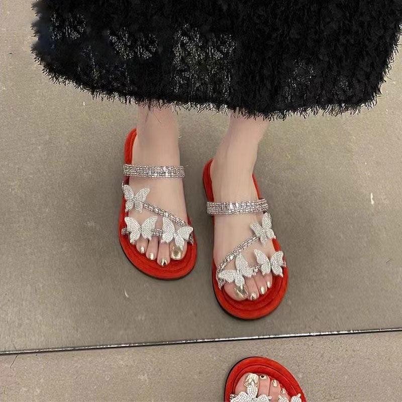 2025 Summer New Rhinestone Soft Sole Outer Wear Bow Flat Sandals Fairy Fairy Wind with Skirt Beach Slippers