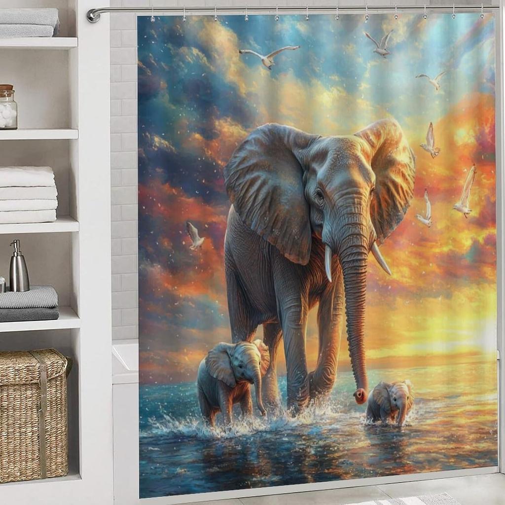 Watercolor Cute Elephant Shower Curtains With Rugs Toilet Lid Cover And Bath Mat For Bathroom,Home Tub Curtains Sets With Rugs S