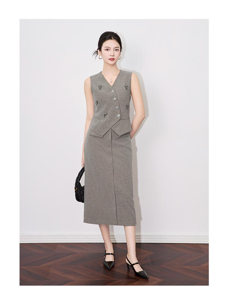 Old Money V-neck Button Vest & Fashionable Midi Skirt Two-piece Set