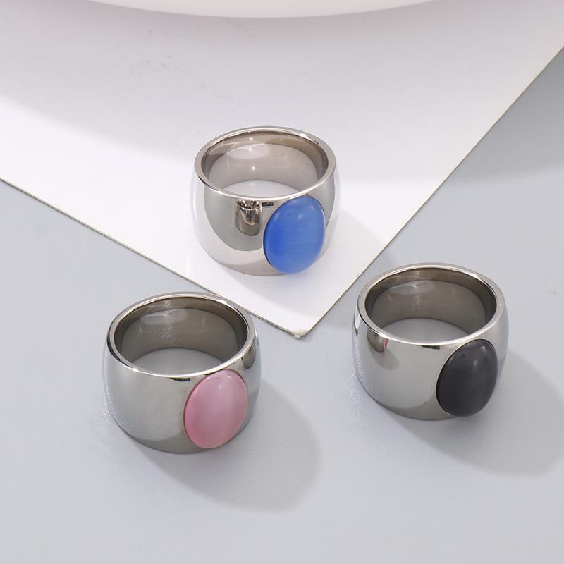 Bague en Pierre Œil de Chat Style Européen-Américain - Bague Ovale en Acier Titane Mode Rue pour Femmes