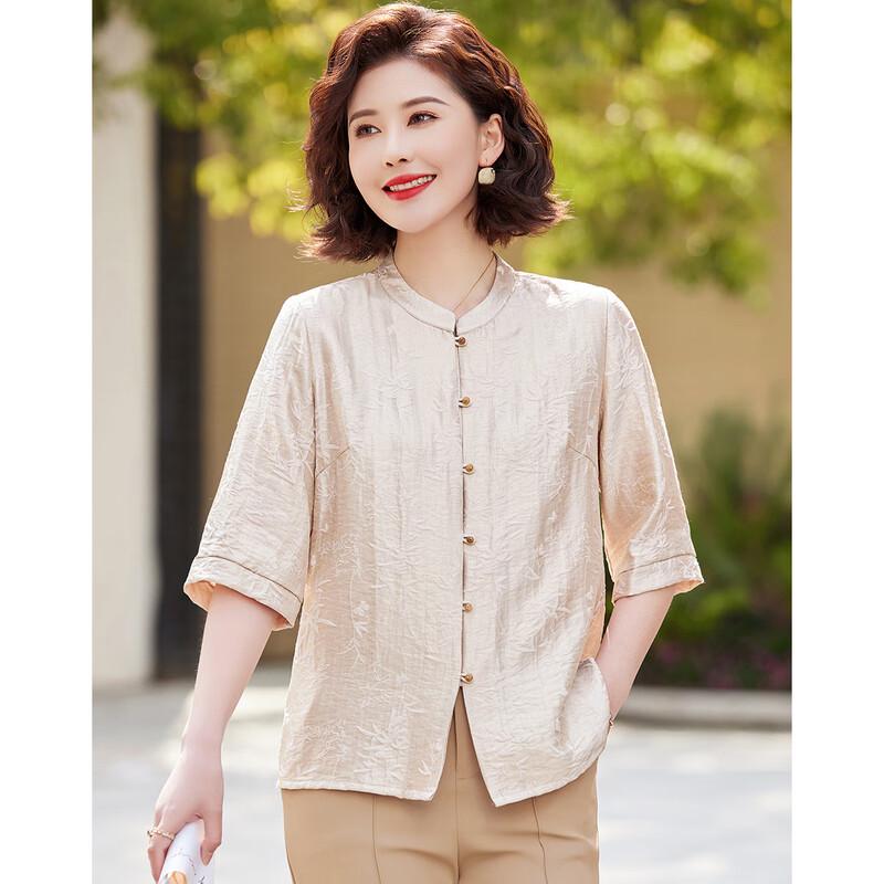 

Chinese Style Bamboo Leaf Print Stand Collar Shirt for Middle-Aged Women 2XL
