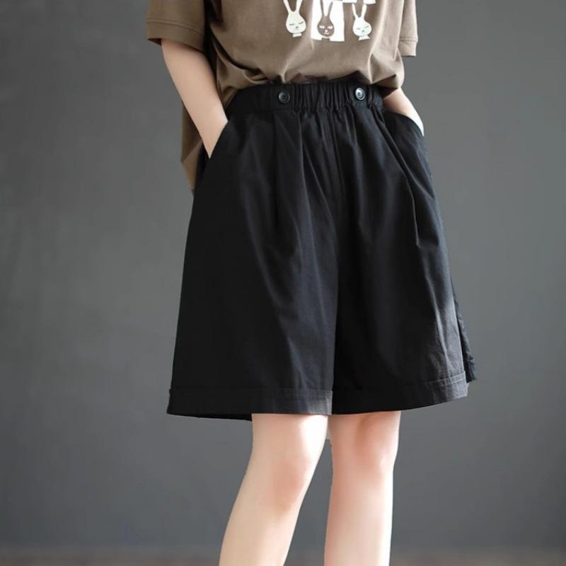Women's Plus Size Cotton Retro Cargo Shorts - Multi-Color, Wide-Leg, Elastic Waist, Loose Fit, Versatile Five-Point Pants