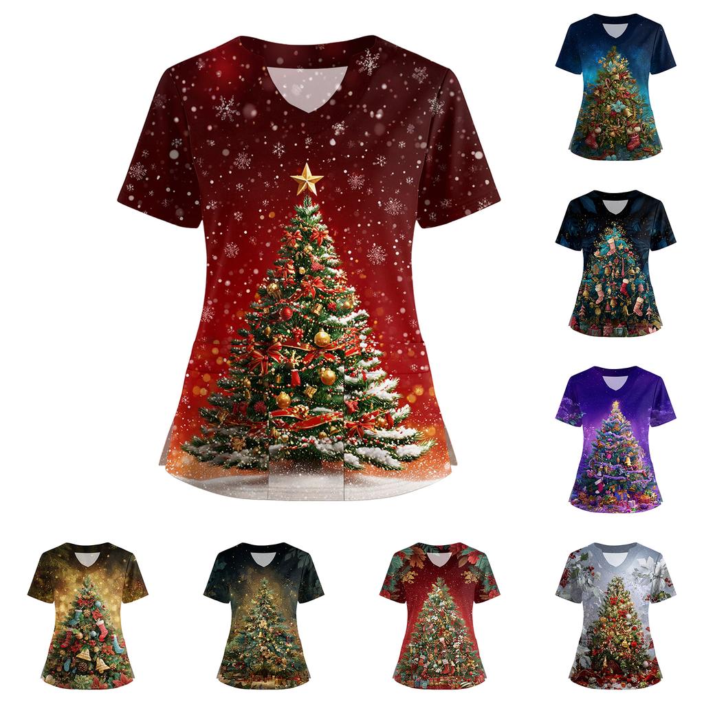 Women's Short Sleeved Christmas Printed V-neck Buttonable Side Slit Top T-shirt