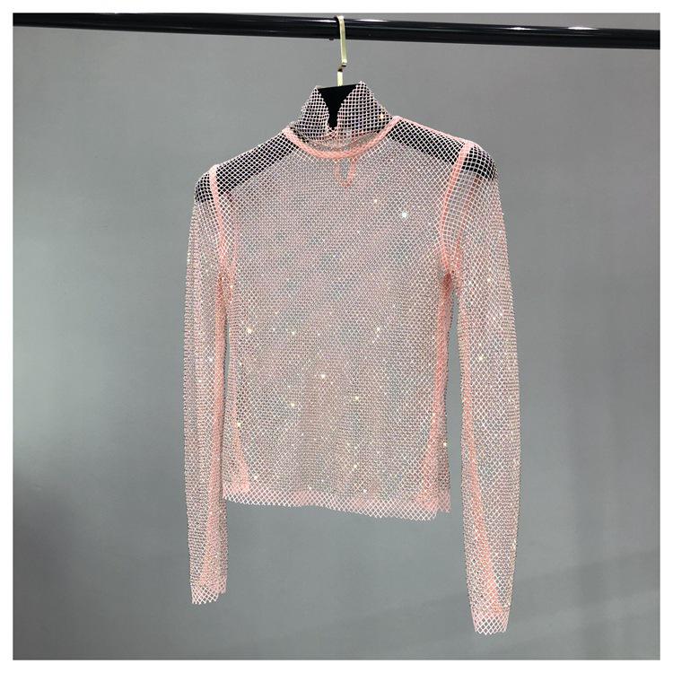 European & American Autumn/Winter Mesh Diamond High Collar Sexy Top - Versatile Fairy-Inspired Perspective Bottoming Shirt for Women