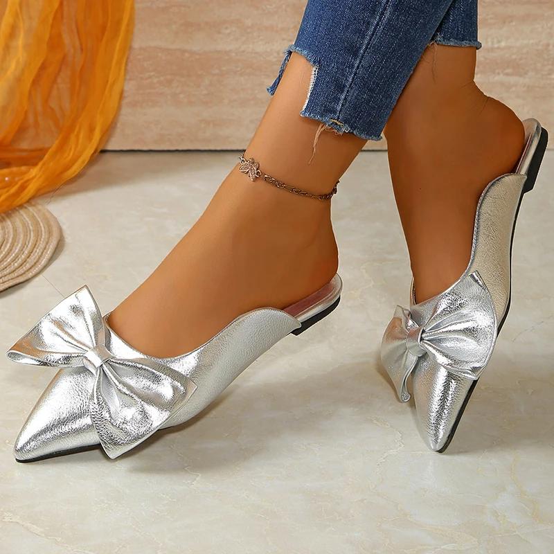 Fashion Gold Silver Bowtie Flat Sandals for Women Shiny Pu Leather Pointed Toe Office Shoes Plus Size Summer Comfort Non Slip Slippers