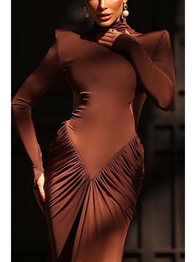 2026 Spring Slim Fit Backless Pleated Long Dress - Pure Color, Long Sleeve, Elegant Women's Clothing