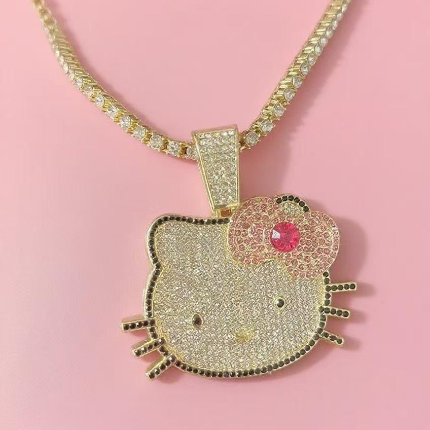Cartoon bow cat full of diamonds cool sweet cute Hello Kitty pendant jewelry necklace female