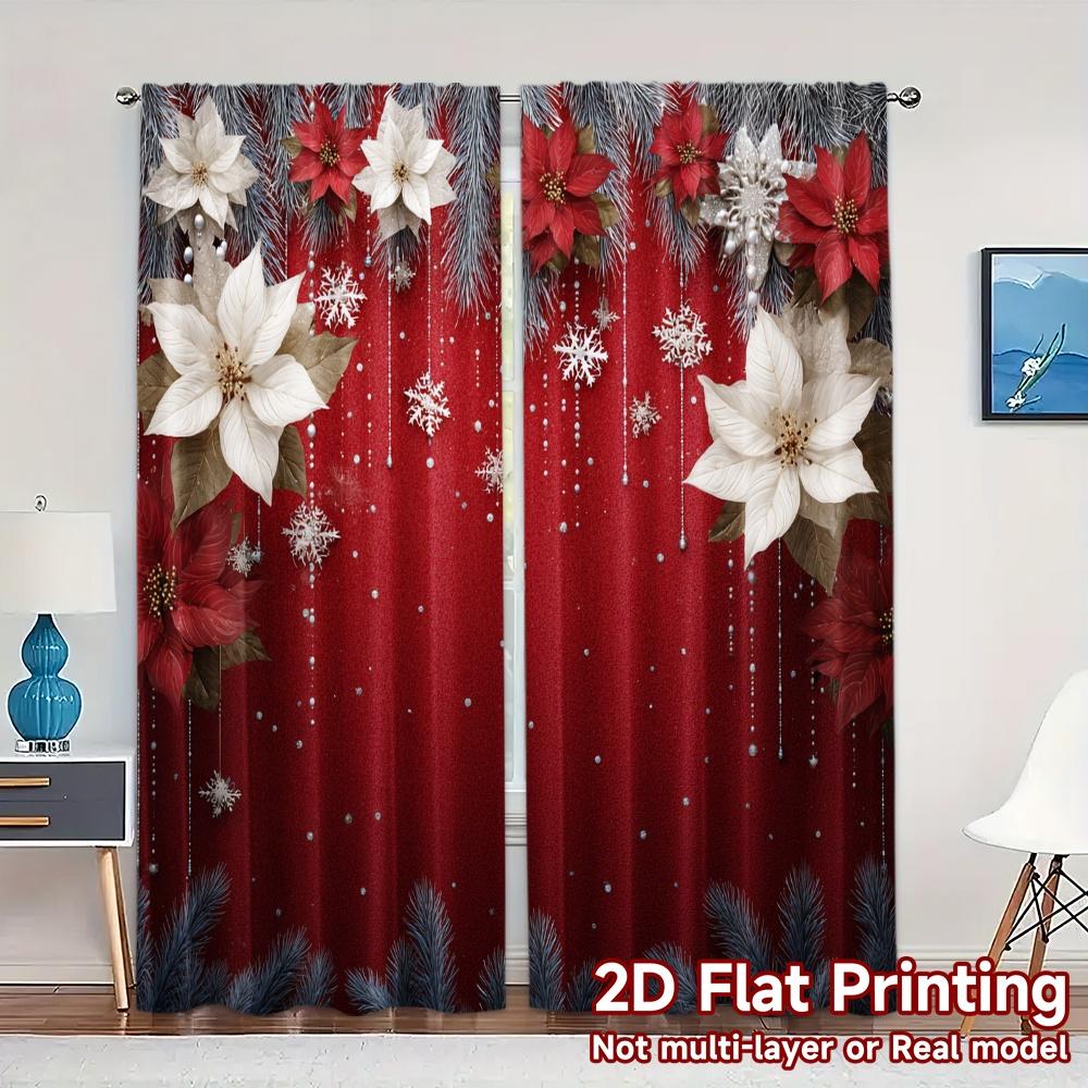 

Set Of 2 Modern Flat Printing Jit Curtains Without Rod Festive Window Treatment Prints Curtain Sheer Polyester W100*H70(CM)-Hooks&1PCS