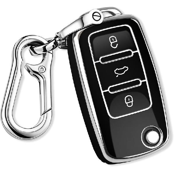 QBUC for VW Key Fob Cover with Keychain Silver Trim Soft TPU Compatible with Volkswagen Jetta Beetle Santana Scirocco Eos Tiguan Touran Polo MK5