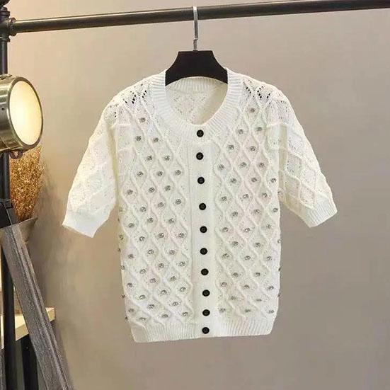 

Весенне-летний однобортный свитер с ромбовидными заклепками и короткими рукавами, сплошной цвет, облегающий короткий топ с короткими рукавами S белый