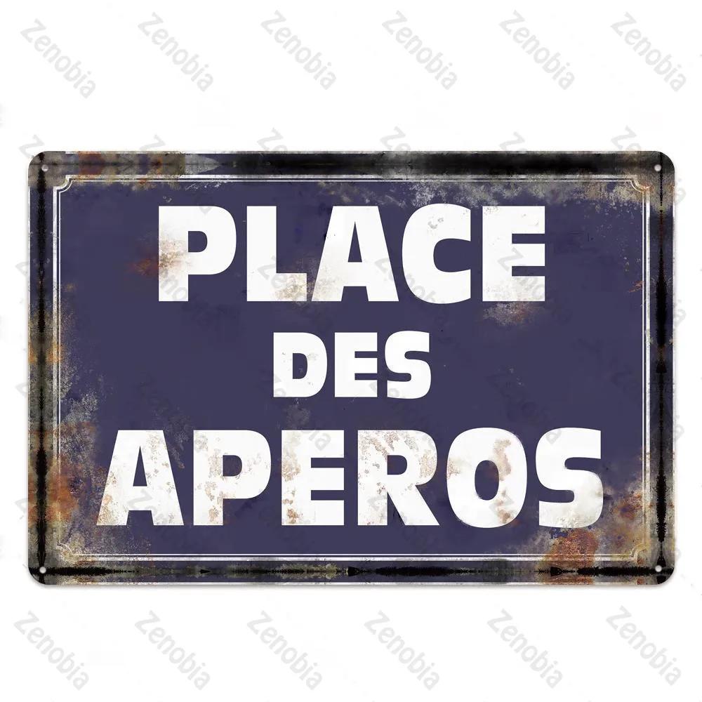 Place Des Aperos Plaque Metal Vintage French Retro Metal Tin Sign Bar Pub Club Wall Decor Iron Painting Decorative Plate