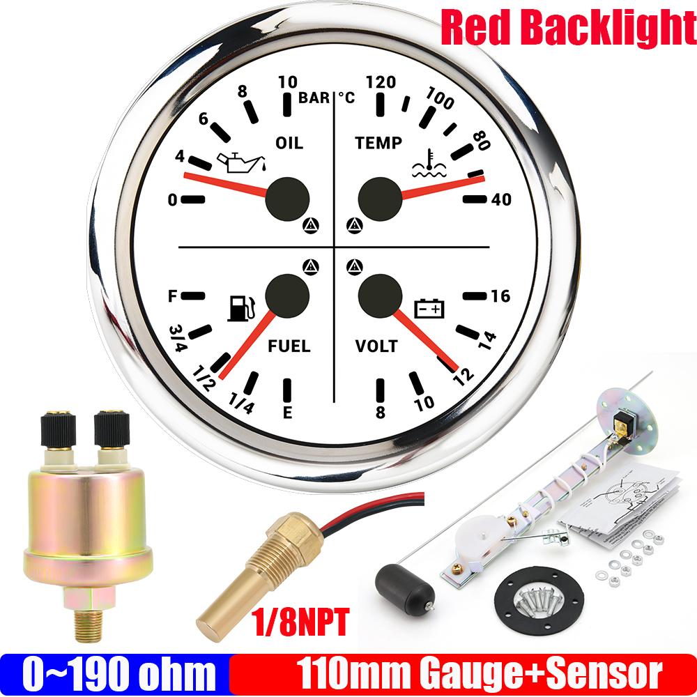 ZMFJH 110mm Gauge with Sensor Warning Red LED 4IN1 Multi-Meter Red LED Oil Pressure Gauge+Water Temp+Fuel Level Gauge+Volt 12V