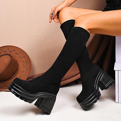 Damen Schwarze High Heels Kniehohe Stiefel Slim Fit Slip On Gothic Plateau Schuhe Frau Rutschfest Klobiger Absatz Lange Damenstiefel