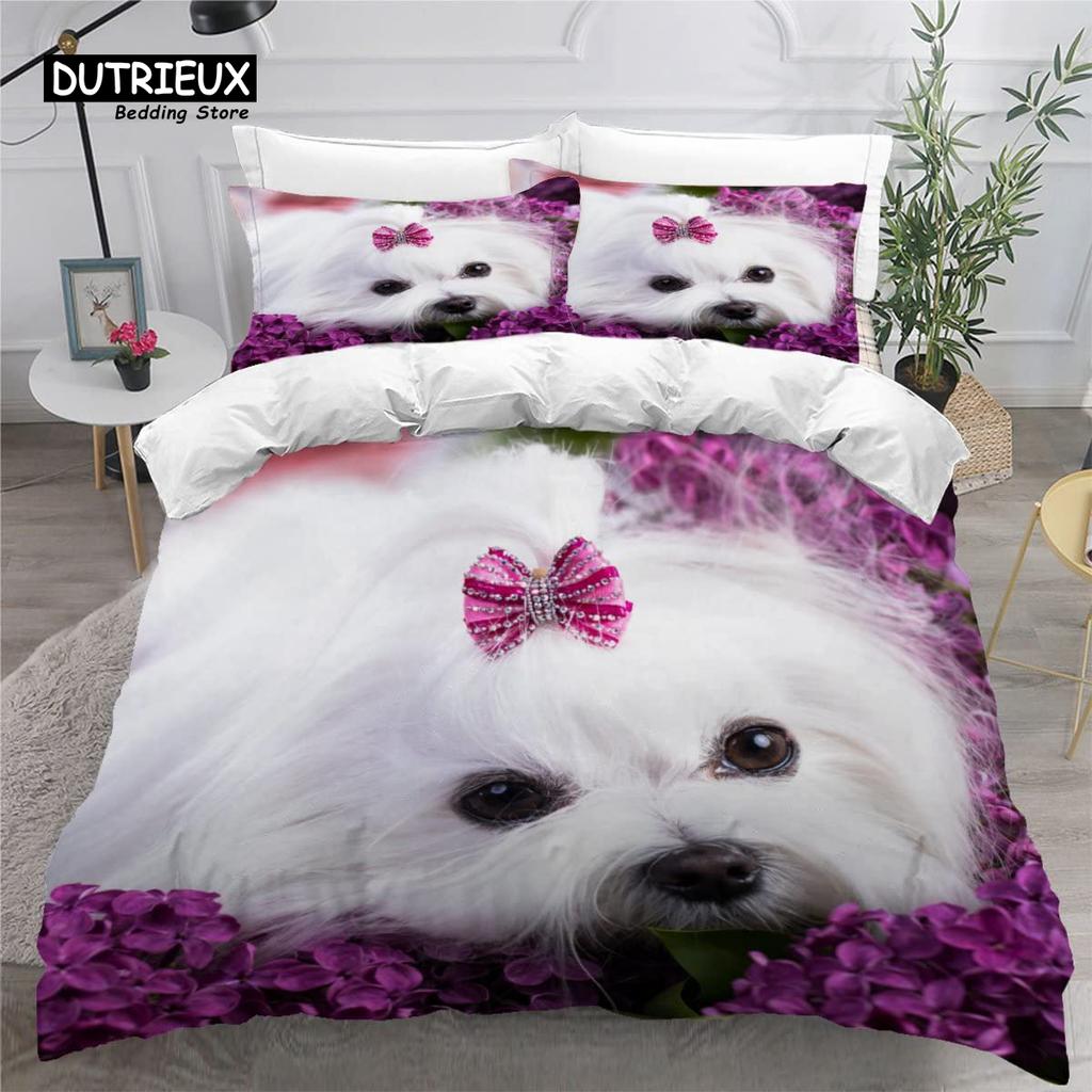 Sött Påslakanset med Maltesisk Hund Husdjur Hundar Tema Sängkläder Mikrofiber Kawaii Djur Täcke Överdrag Twin King För Barn Tonåringar