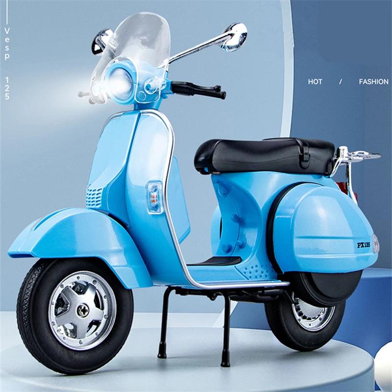 1/10 Vespa 125 Legierungs-Freizeitmotorradmodell Diecasts Metall Klassisches Motorradmodell Simulation Ton und Licht Kindergeschenke