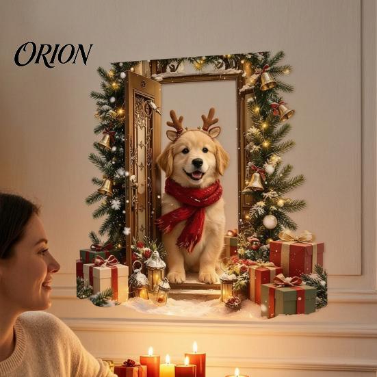 Interior Wall Art for Holiday 2Pcs 3D Illusion Christmas Dog Sticker, Removable Self?Adhesive Festive Door Decal Living Room Decal, Puppy