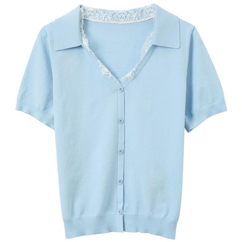 Sancai Damen Strickoberteil mit V-Ausschnitt, kurzen Ärmeln und Spitzenbesatz