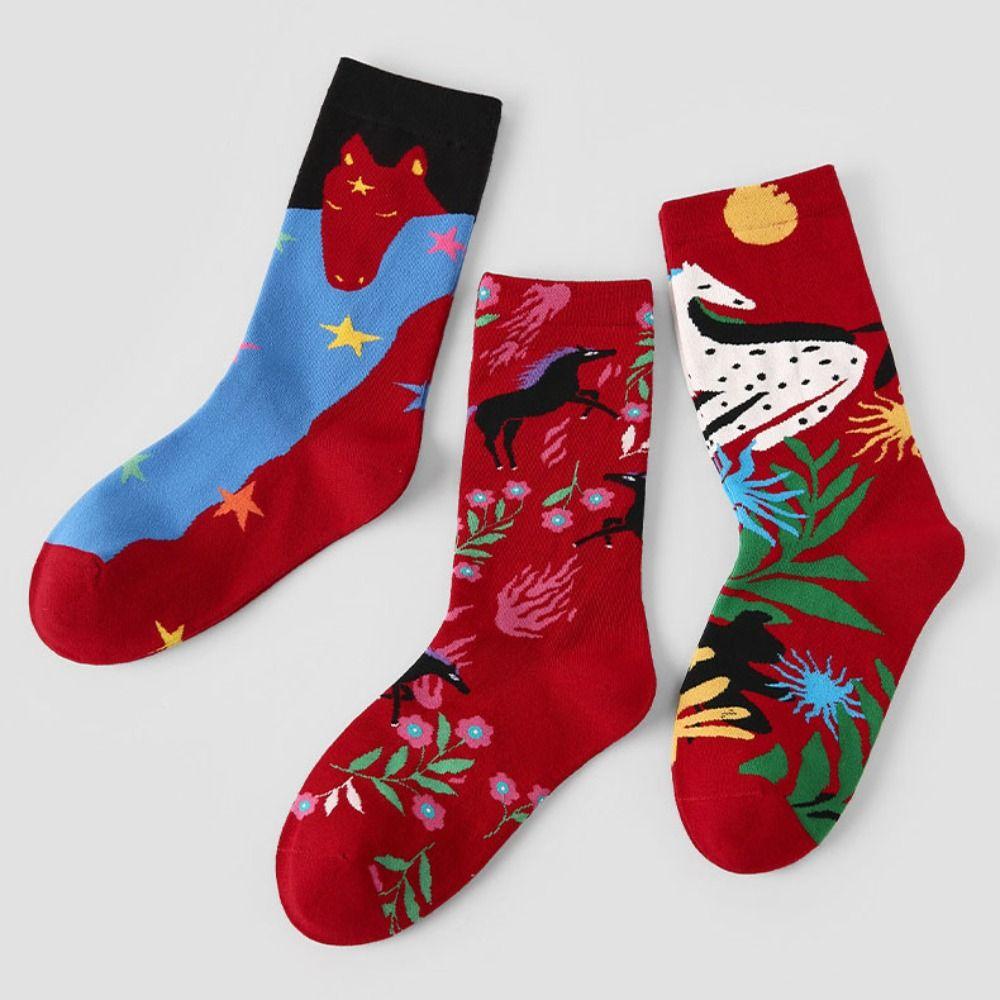 3Pairs Mid Calf Year of The Horse Socks Cartoon Red Cotton Socks Funny New Year Tube Socks  Women