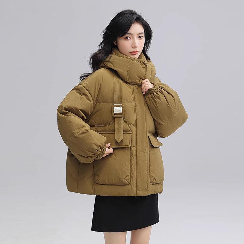 

Женский короткий пуховик с капюшоном, модный дизайн зимы 2025, теплый пух белой утки, куртка-маленький хлеб One Size