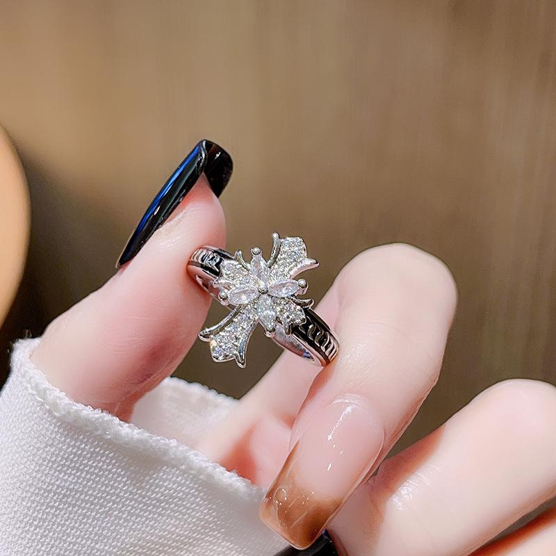 Cross Dark Premium Light Luxury Open Ring Set Cold Wind Zircon Love Bow Ring