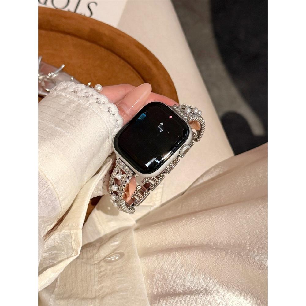 

Lace Pearl Copper Chain Metal Strap For Apple Watch Ultra 11 10 9 8 7 6 5 SE Women Bracelet For iWatch 40mm 41mm 42mm 45mm 46mm 49mm 42/44/45/46/49 сірий