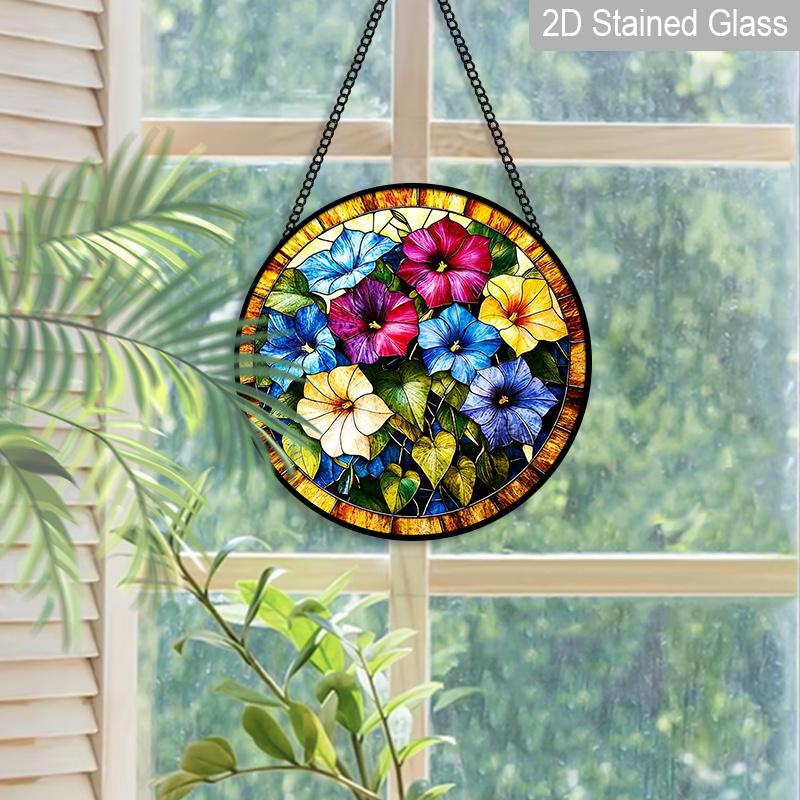 2D Flat, 1pc Morning Glory Round 7.87in Glass Suncatcher, Multicolor Morning Glory Floral Print Window Hanging Ornament, Climbing Flower Home Decor
