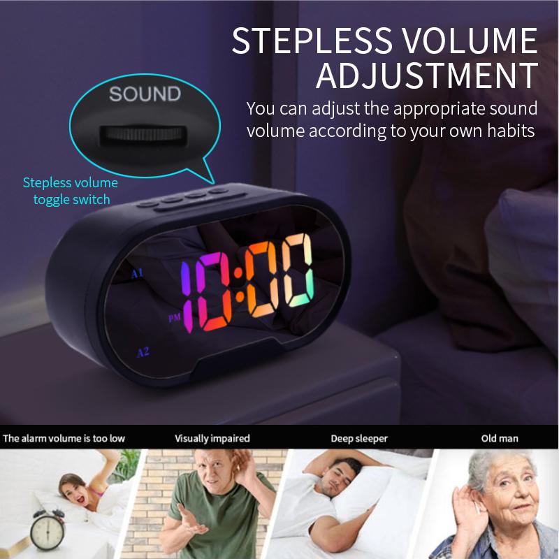 Desktop Mirror Led Alarm Clock Simple Led RGB Display Time with Stepless Volume Adjustment Mirror Clock for Deep Sleeper