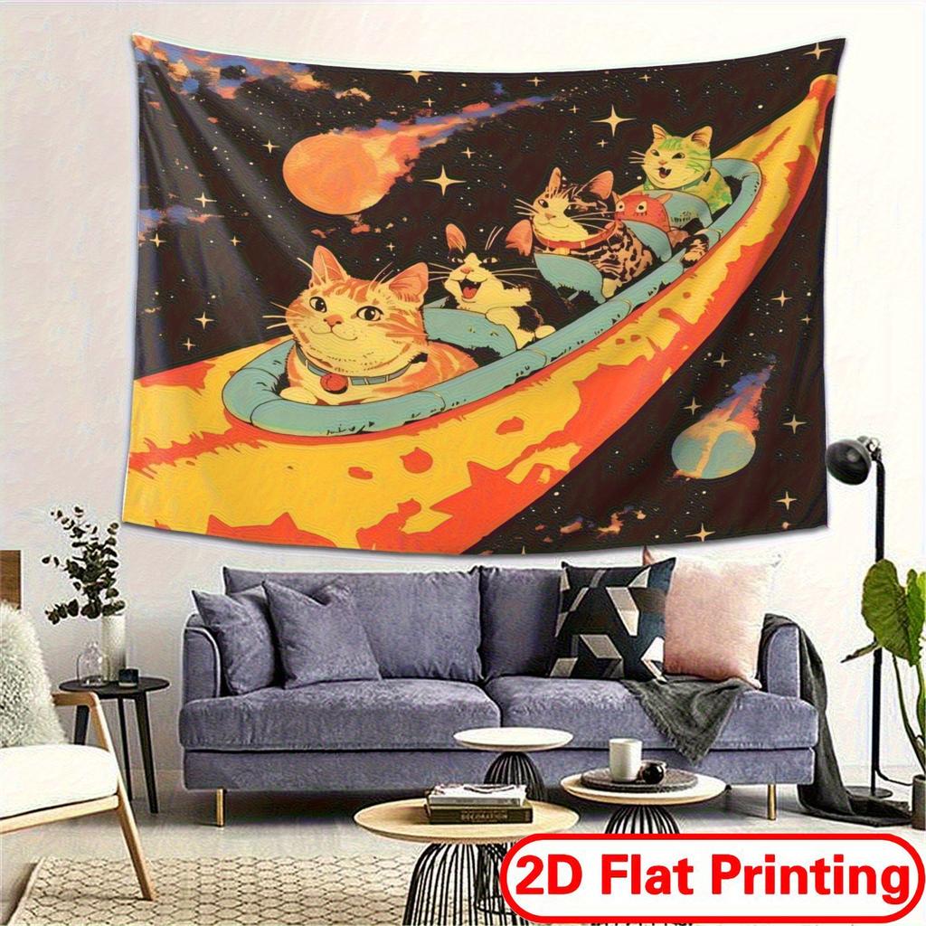 Space Cats Tapestry Funny Cartoon Cat Spaceship Wall Hanging Galaxy Star Art Retro Psychedelic Decor for Bedroom Living Room