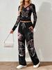 Floral pattern printed women's V-neck long-sleeved trousers set Comfortable casual versatile slim two-piece set