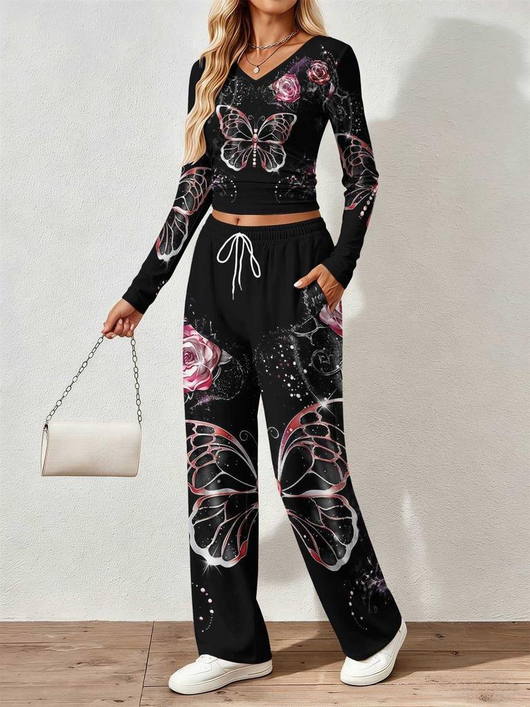 Floral pattern printed women's V-neck long-sleeved trousers set Comfortable casual versatile slim two-piece set