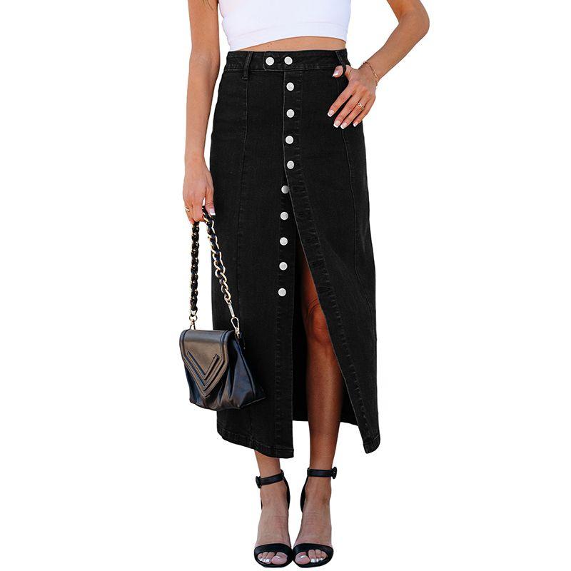

American Shiying Easiest for Match Pure Color Slit Midi Skirt Women 2025 Spring New Arrival High Waist Denim Skirt Women Black XL code fits (70.00 kg-75.00 kg