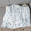Blue bow rabbit pajamas women's spring and autumn cardigan lapel double long suit student dormitory loungewear