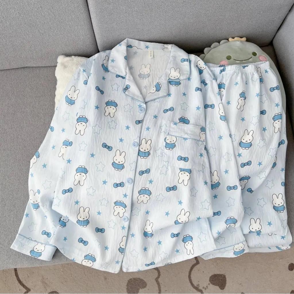 Blue bow rabbit pajamas women's spring and autumn cardigan lapel double long suit student dormitory loungewear
