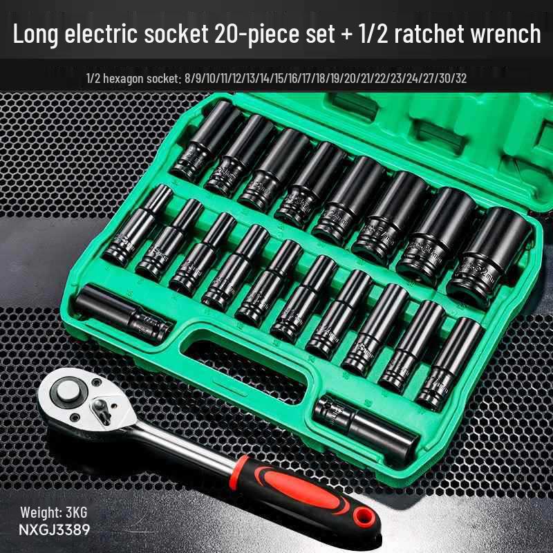 Extended Electric Socket Wrench Set with Large, Medium & Small Hexagonal Air Gun Heads for Auto Repair