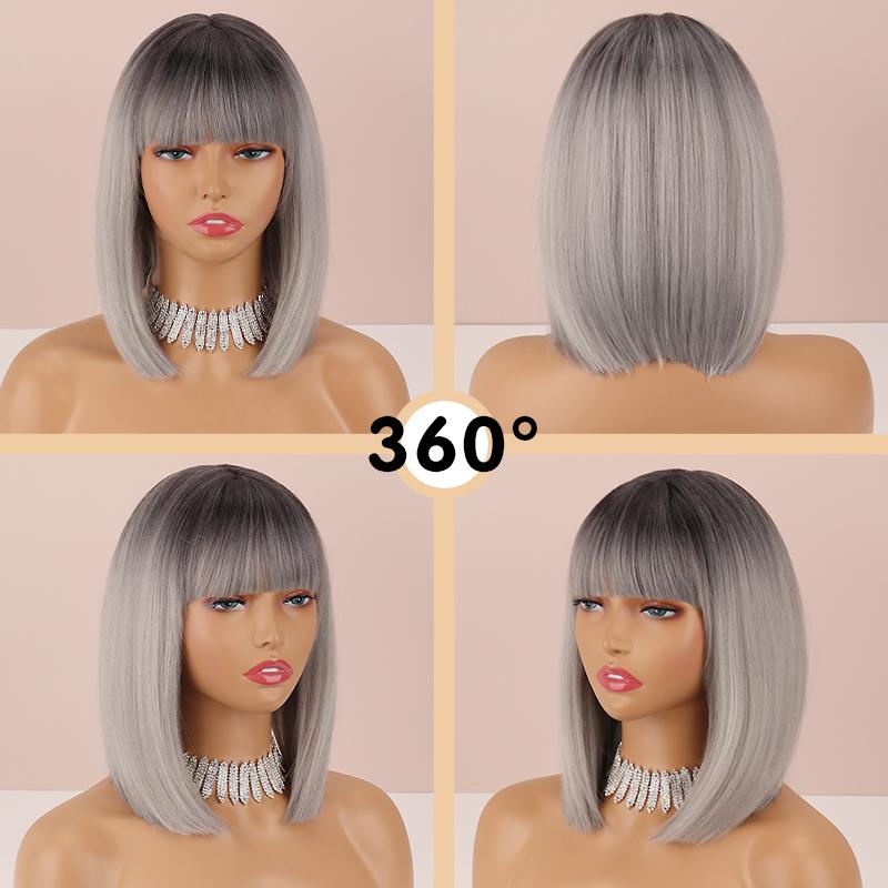 MERISIHAIR Ombre Grey Color Women Fashion Shoulder Length Natural Straight Bob Wig with Bangs Daily Wear Cosplay Synthetic Wig