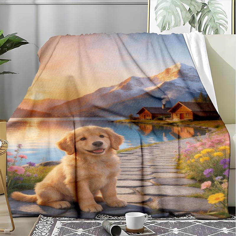 Cute Border Collie Puppy Lake Dock Blanket, Fluffy Dog Flannel Throw Blanket for Pet Lover Home Decor