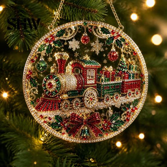 Christmas Faux Diamond Art Ornament Kit Kit, Santa Angel Sun Catcher DIY Acrylic Textured Bead Round Board, 3D Craft for Adults, Festive Window