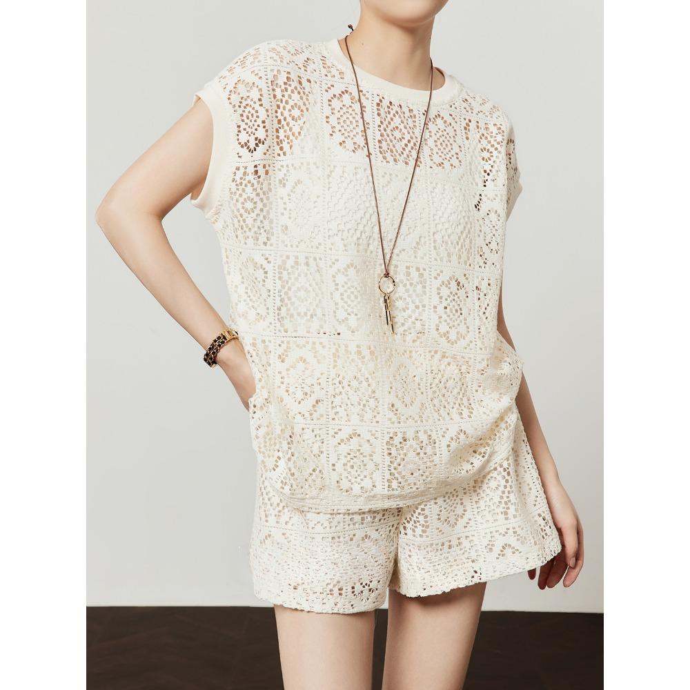 

DIMANAF Новый костюм 2025 Женский Вязаный Пляжный Короткий рукав Кружево Короткие шорты Ажурный Сексуальный О-образный вырез Летний стиль Топы Футболки Свободный Базовый 4XL чёрный