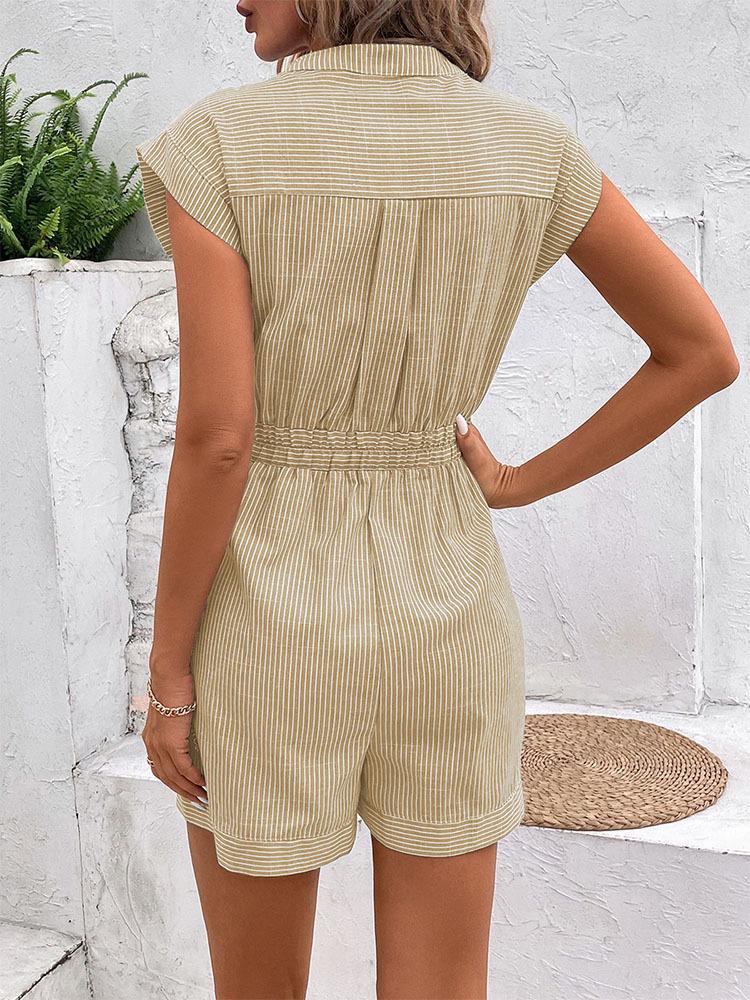 Summer Casual Striped Jumpsuit - Women's Short Sleeve Jumpsuit with Shorts, European & American Style for Trendy Commutes