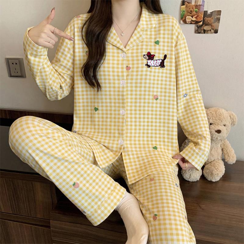 Spring and Autumn New Imitation Cotton Pajamas Women's High-end Plaid Long-sleeved Cartoon Embroidered Loungewear Two-piece Set