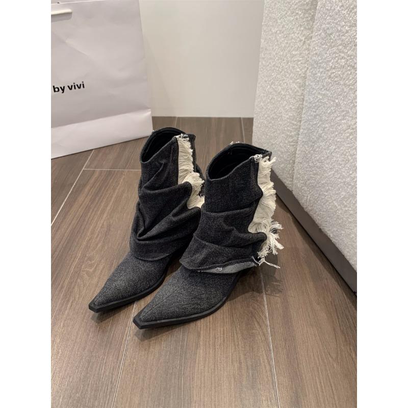 Fashion Cowboy Boot Western Baby Blue High-heeled Pointy Thick Heel Boots Sleeve Short Boots Women Spring and Autumn