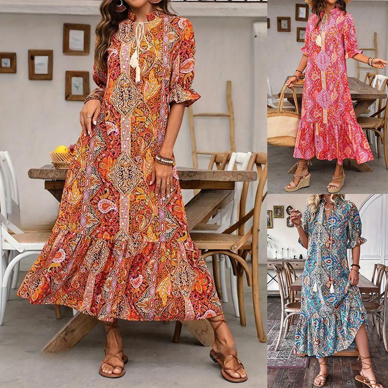 

2025 WOMEN S Printed Lace up Mid Sleeve Ruffle Edge Dress Red M