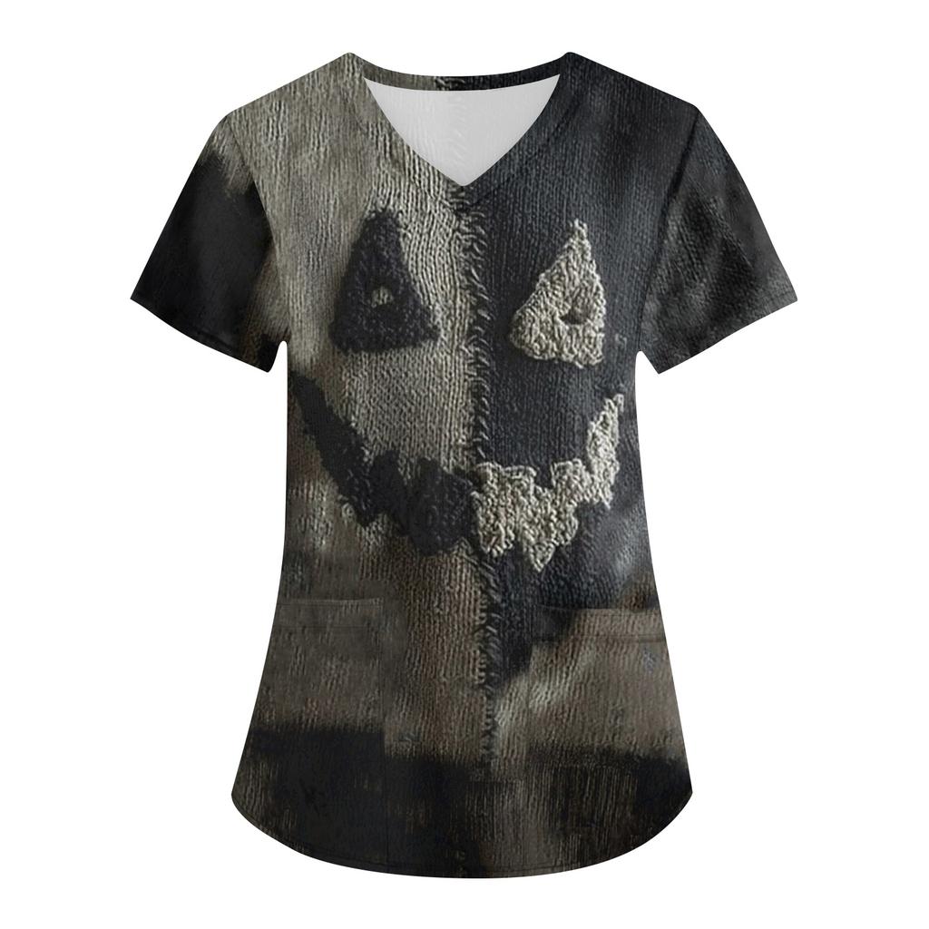 Women's Printing Uniform Work Uniform V-neck Pockets Basic Short Sleeve Pullover Top