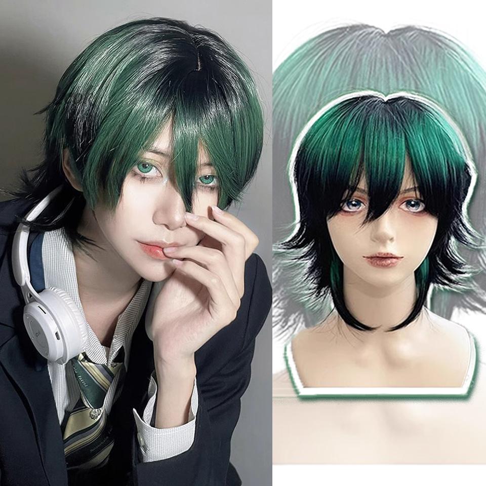 

WTB синтетический парик черный и зеленый градиентный слой короткие волосы нейтральный стиль красивый повседневный волчий хвост слой короткие волосы парик 35CM