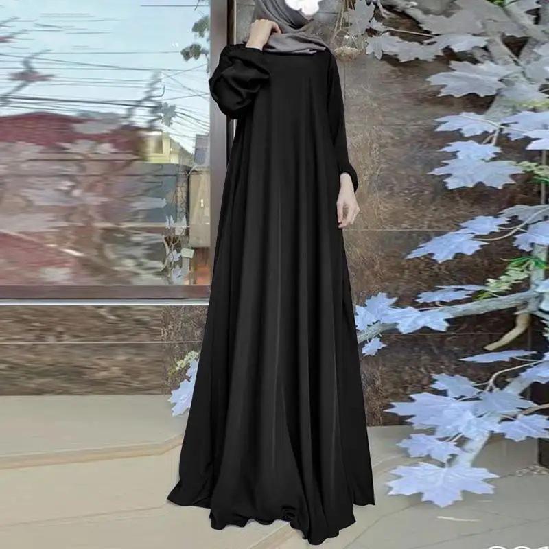 

2024 Мусульманское платье миди с пышными рукавами из сатина в ближневосточном стиле - Этнический стиль M чёрный