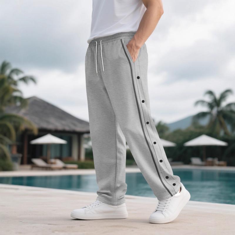 Men's New Elastic Waist Loose Casual Sports Straight Pants with Side Buttons