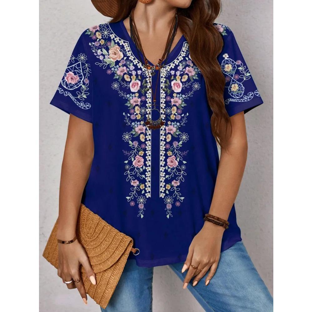 T-shirt Stampata con Fantasia Retrò alla Moda Larga a Maniche Corte Girocollo Versatile Comoda T-shirt da Donna Scollo a V